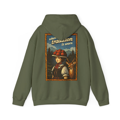 Hoodie „Where Tradition Is Worn“ – Schwarzwald Trachtenmotiv mit Bollenhut - Unisex