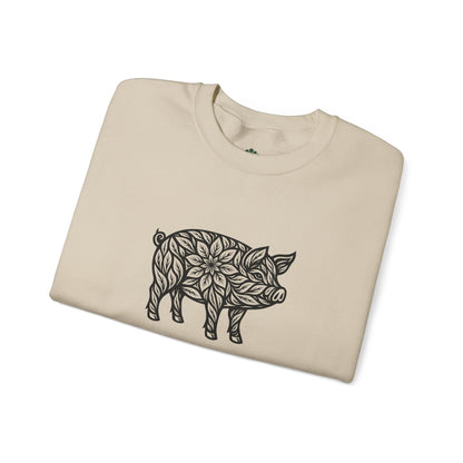 Sweater mit Schwein im floralen Linocut Stil