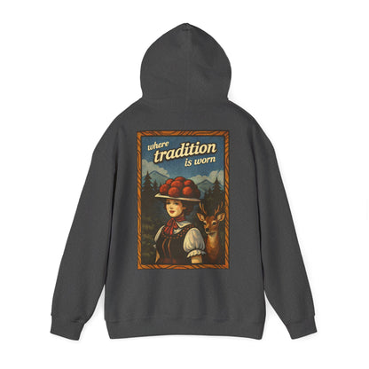 Hoodie „Where Tradition Is Worn“ – Schwarzwald Trachtenmotiv mit Bollenhut - Unisex