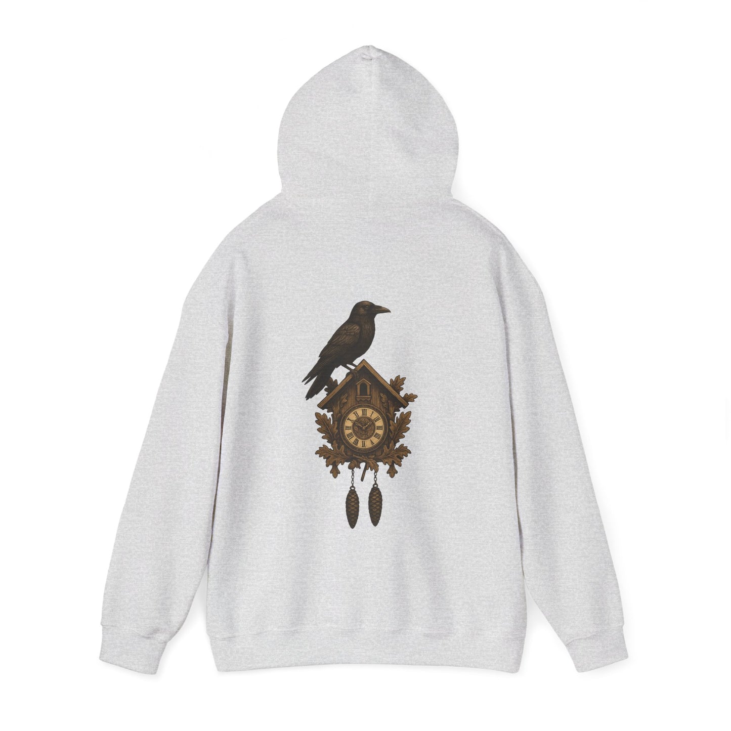 Hoodie mit Schwarzwald-Kuckucksuhr und Rabenmotiv – Retro-Design auf Sandfarbe