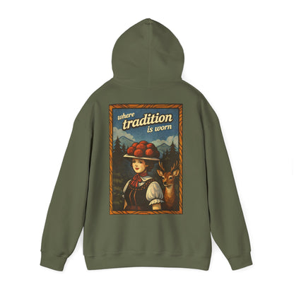 Hoodie „Where Tradition Is Worn“ – Schwarzwald Trachtenmotiv mit Bollenhut - Unisex
