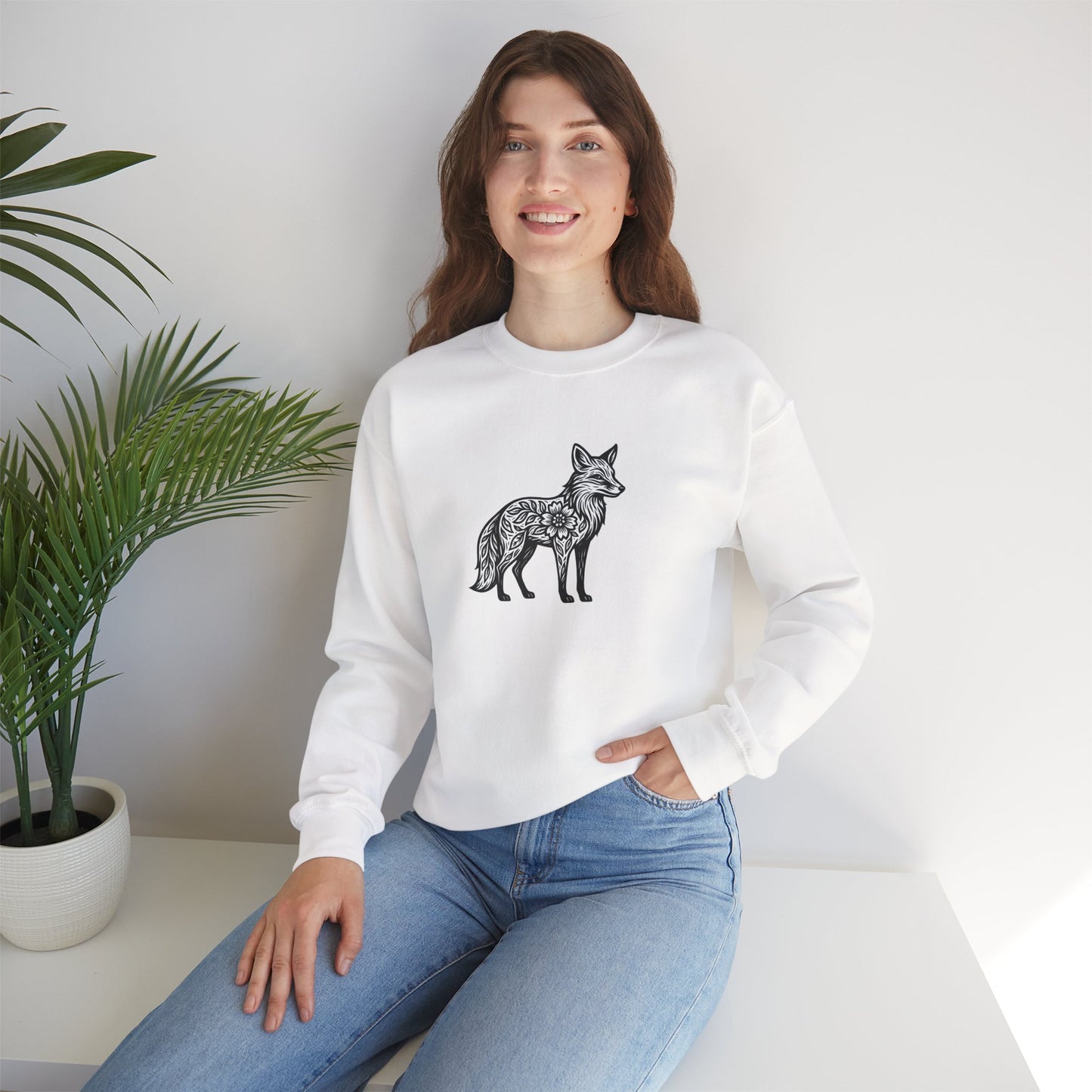 Sweater mit Fuchs im floralen Linocut Stil - Unisex