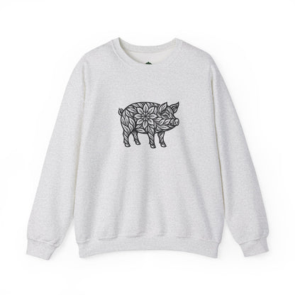 Sweater mit Schwein im floralen Linocut Stil