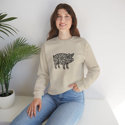 Sweater mit Schwein im floralen Linocut Stil