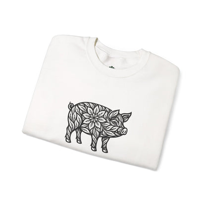 Sweater mit Schwein im floralen Linocut Stil