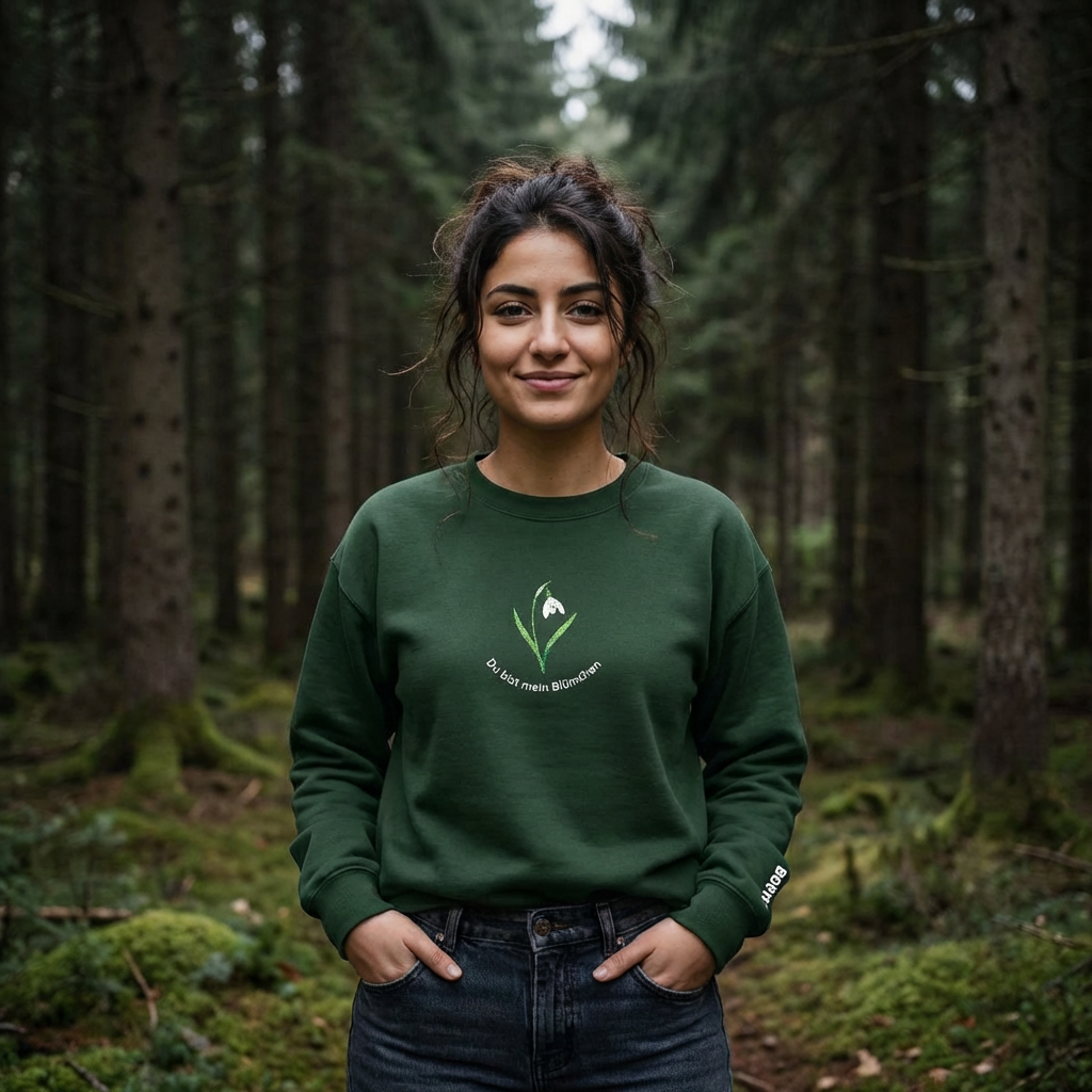 Sweatshirt mit Stickerei 'Du bist mein Blümchen' – Waldgrün, Schneeglöckchen - Unisex