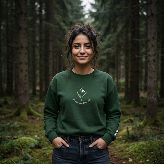 Sweatshirt mit Stickerei 'Du bist mein Blümchen' – Waldgrün, Schneeglöckchen - Unisex