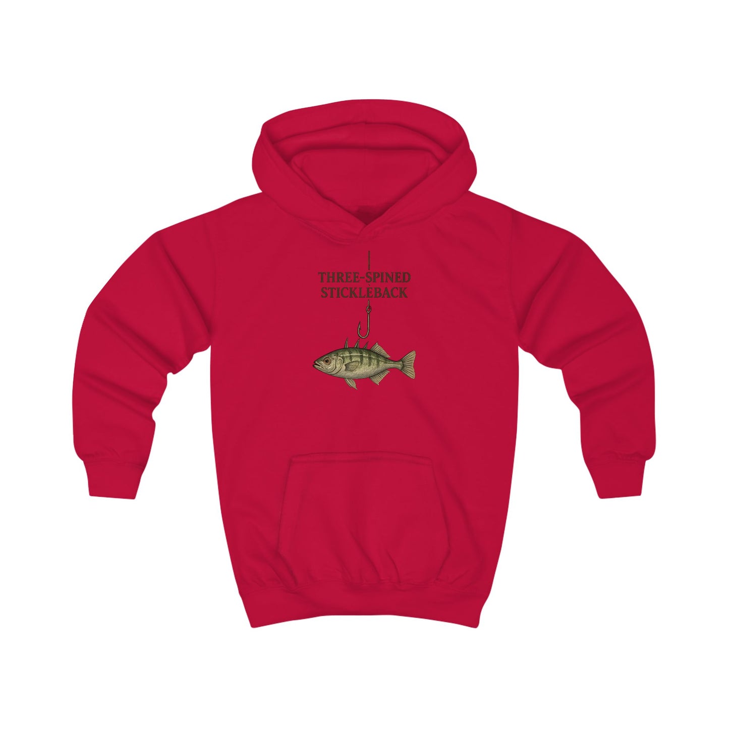 Kinder-Hoodie „Dreistacheliger Stichling“ mit Fisch- und Angelhaken-Motiv