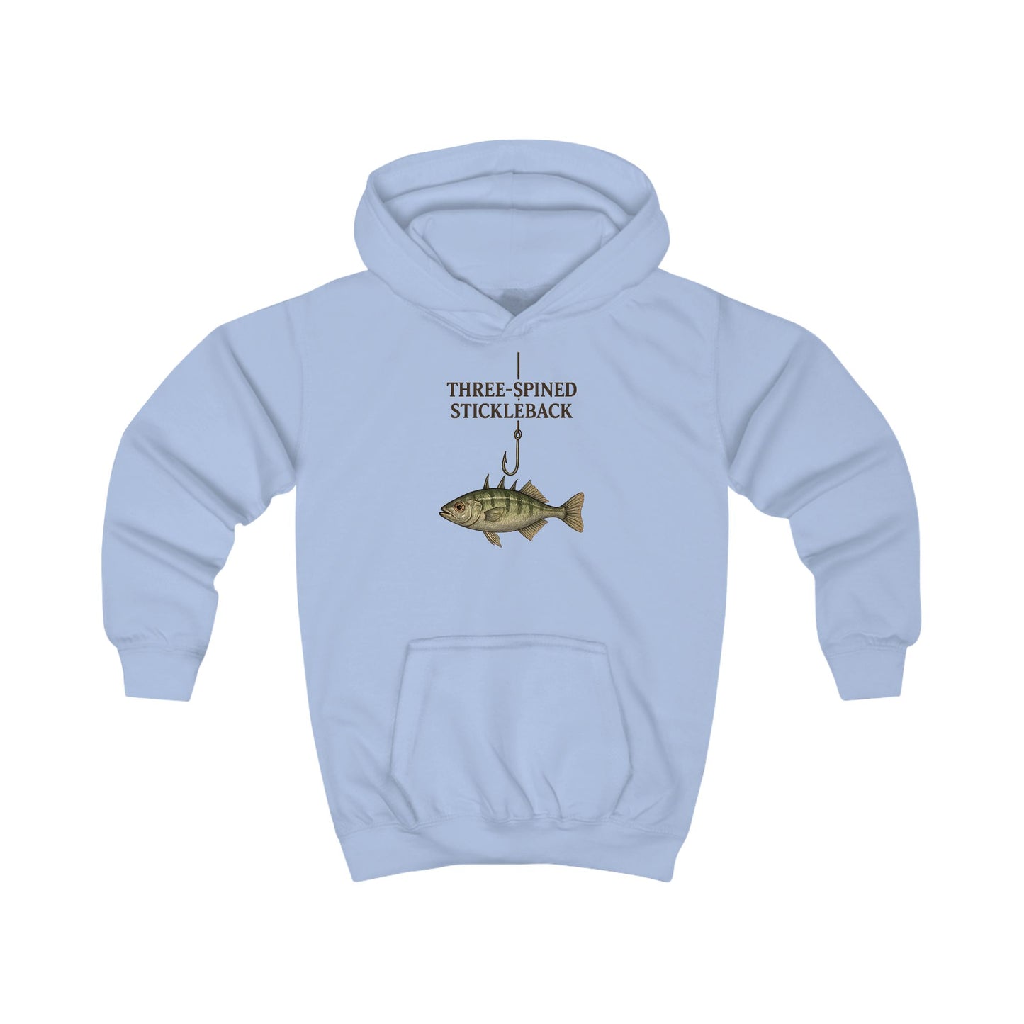 Kinder-Hoodie „Dreistacheliger Stichling“ mit Fisch- und Angelhaken-Motiv