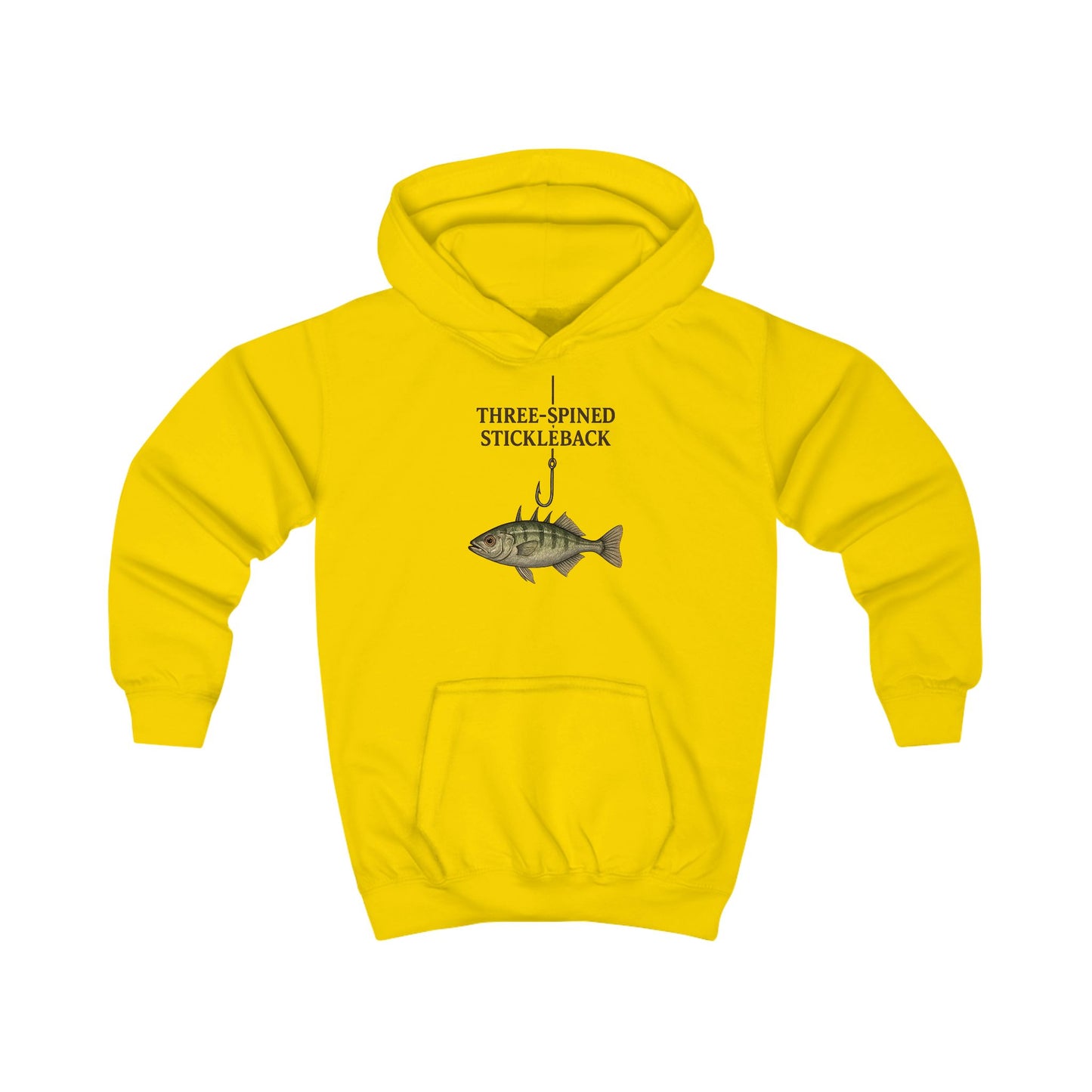 Kinder-Hoodie „Dreistacheliger Stichling“ mit Fisch- und Angelhaken-Motiv