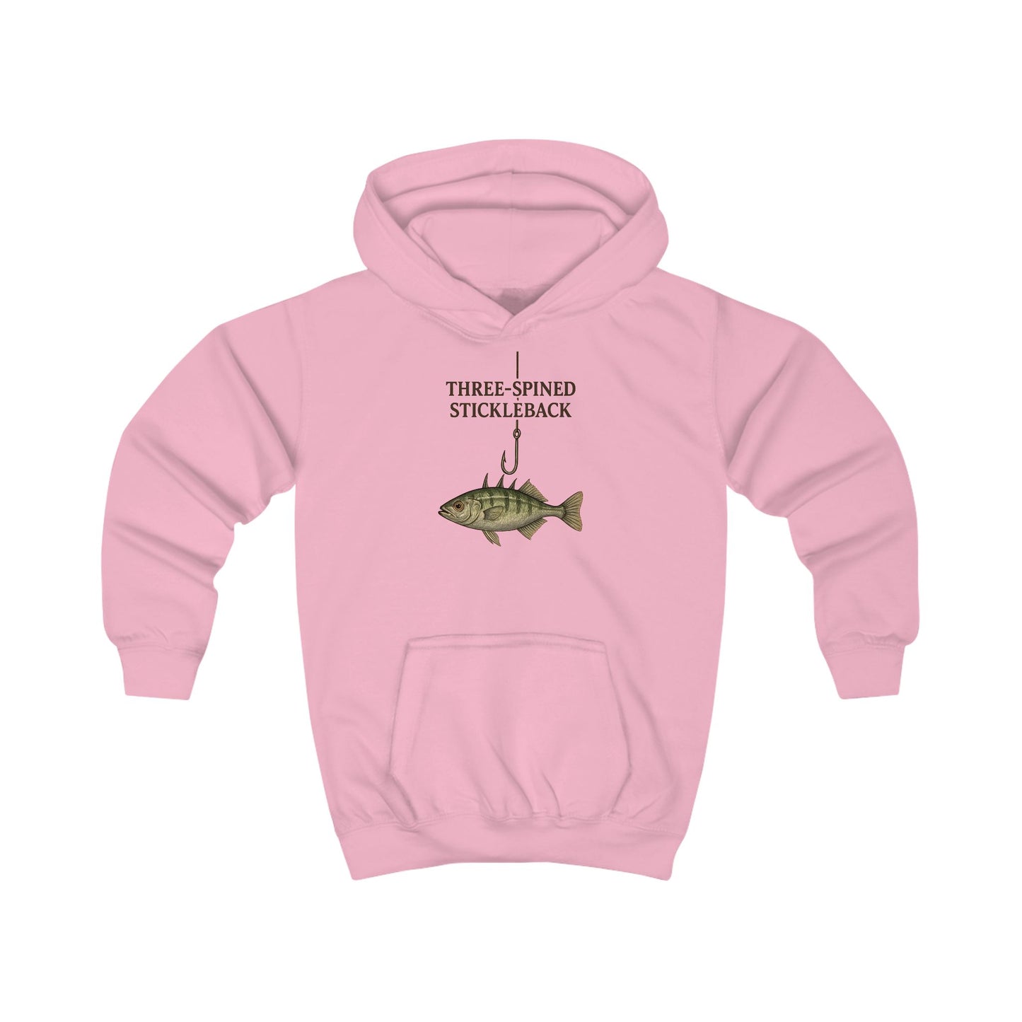 Kinder-Hoodie „Dreistacheliger Stichling“ mit Fisch- und Angelhaken-Motiv
