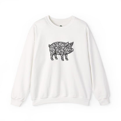 Sweater mit Schwein im floralen Linocut Stil