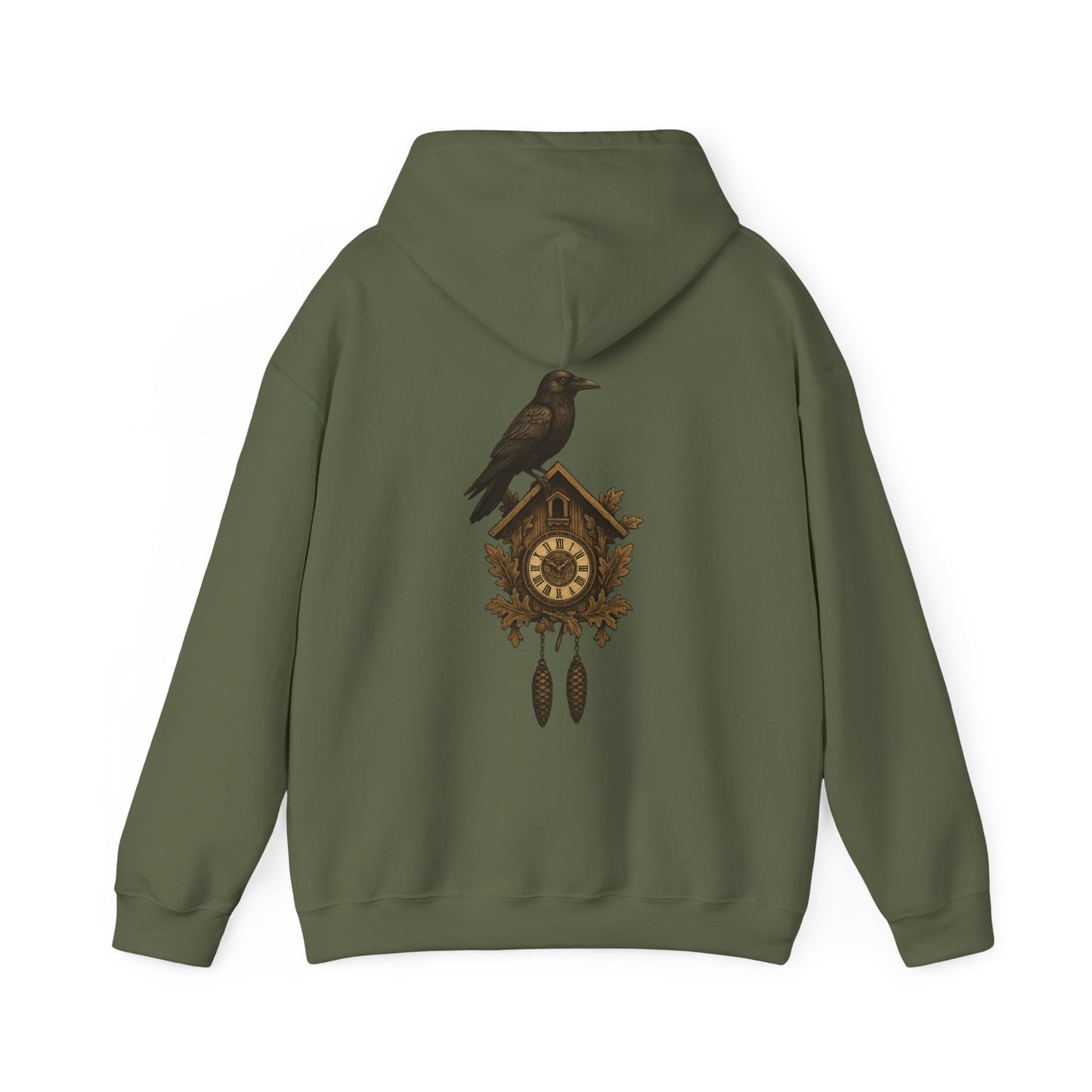 Hoodie mit Schwarzwald-Kuckucksuhr und Rabenmotiv – Retro-Design auf Sandfarbe