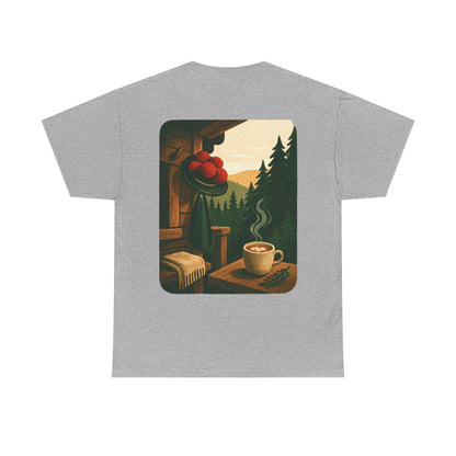 T-Shirt „Black Forest Love“ – Retro-Schwarzwald-Design mit Bollenhut & Hüttenzauber