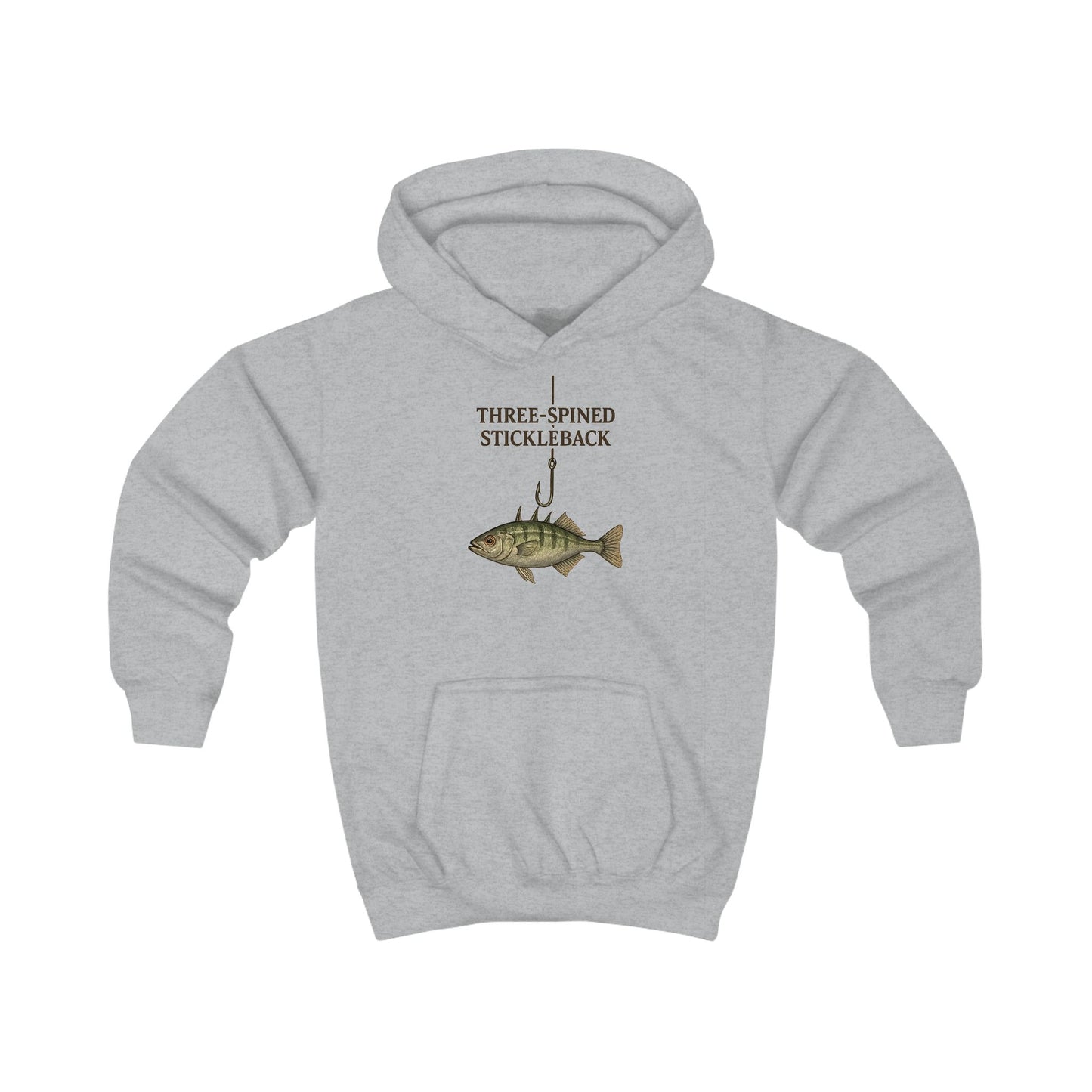 Kinder-Hoodie „Dreistacheliger Stichling“ mit Fisch- und Angelhaken-Motiv