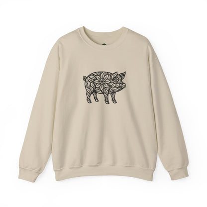 Sweater mit Schwein im floralen Linocut Stil